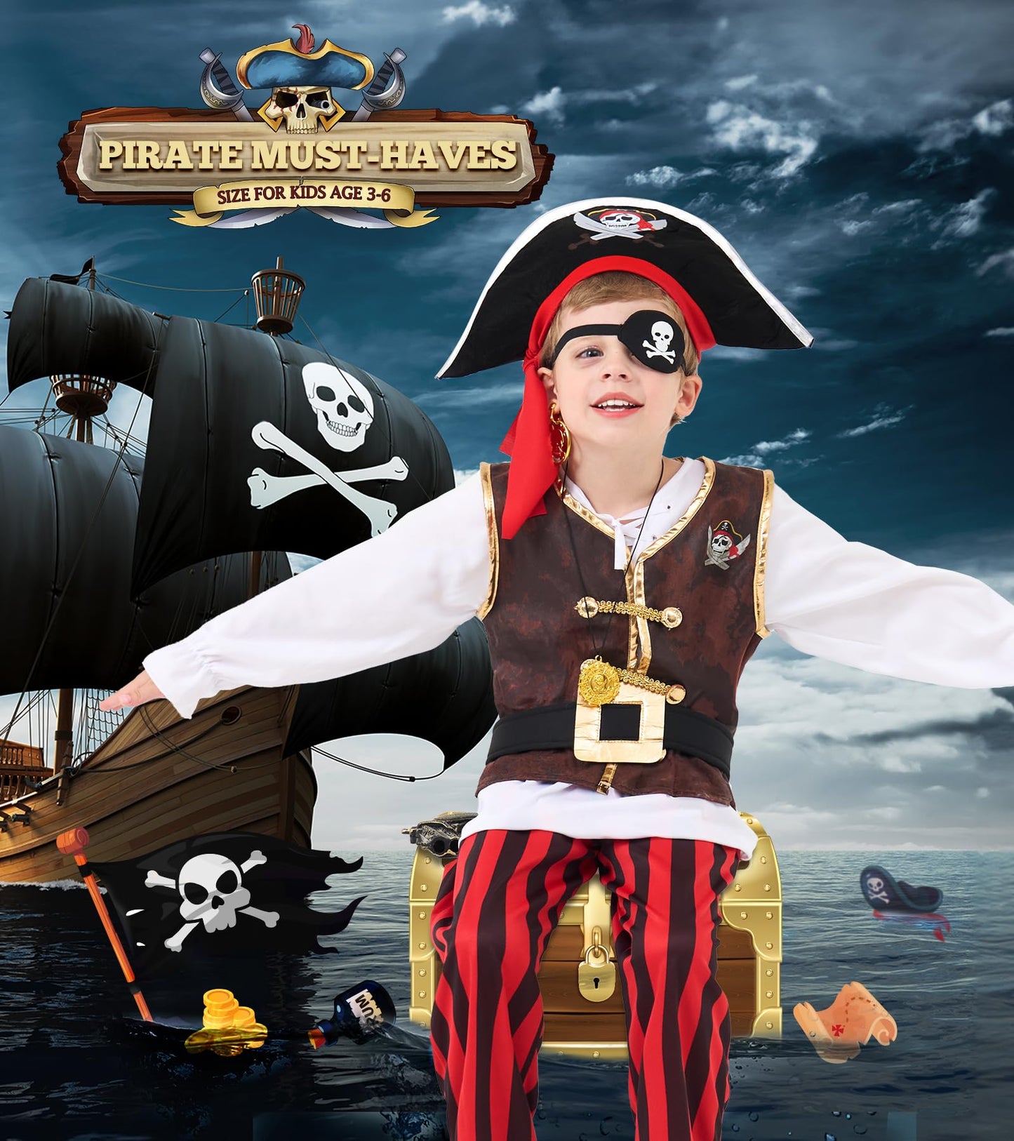 Bibuty Pirate Costume Kids Halloween Costumes For Boys Girls, Pretend Play & Dress Up Clothes For Little Boys Girls Halloween Costumes For Kids, Toddler Boys Pirate Costume Toys Gifts For Kids 3-6