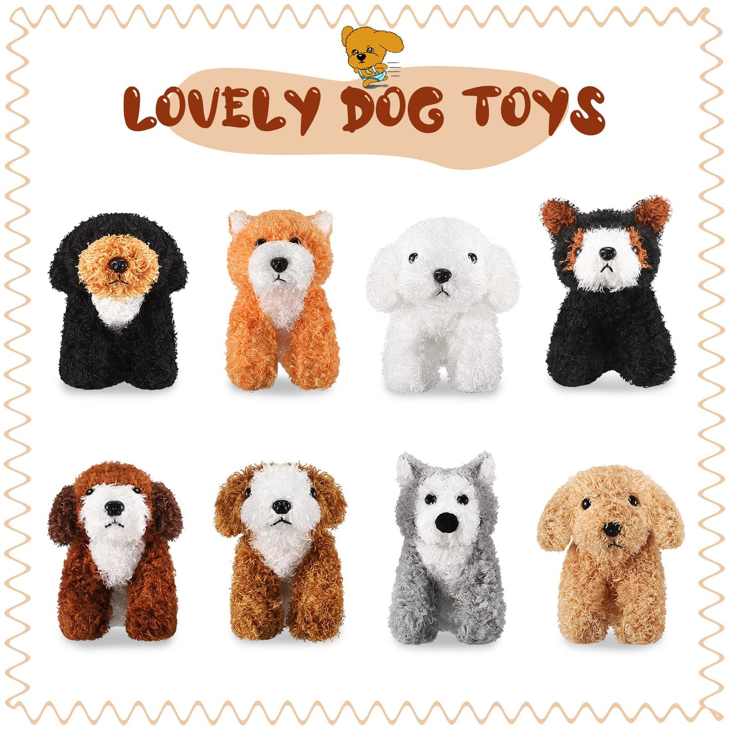 8-Piece Assorted Plush Pets Set - 5 Inch Cute Stuffed Animals For Kids, Classroom & Halloween Themed Party Supplies (Squatting Dog)