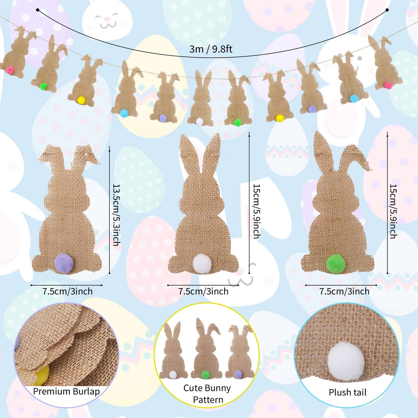 Whaline Easter Banner with String 11Pcs Bunny Felt Banner Colorful Tail Pre-Assembled Spring Bunting Garland Celebration Hanging