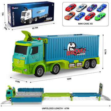 Carrier Truck Race Track Toddler Toys, Foldable 3 Layer Car Race Track Playset, Dinosaur Toy Truck Transport Car Carrier & 8 Rac