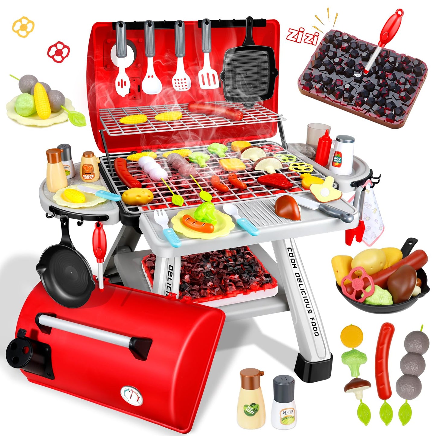 Sumfox 41Pcs Toy Grill Kids Grill Playset with Sound & Light for Toddlers - Kids BBQ Grill Playset for Indoor and Outdoor Kitche