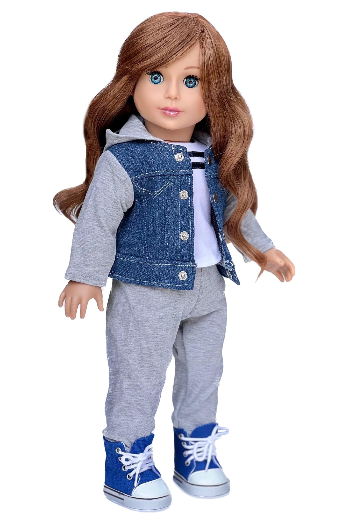 Tomboy - 4 Piece 18 Inch Doll Outfit - Jeans Jacket, Grey Sweatpants, T-Shirt Boots. ( Dolls Not Included)