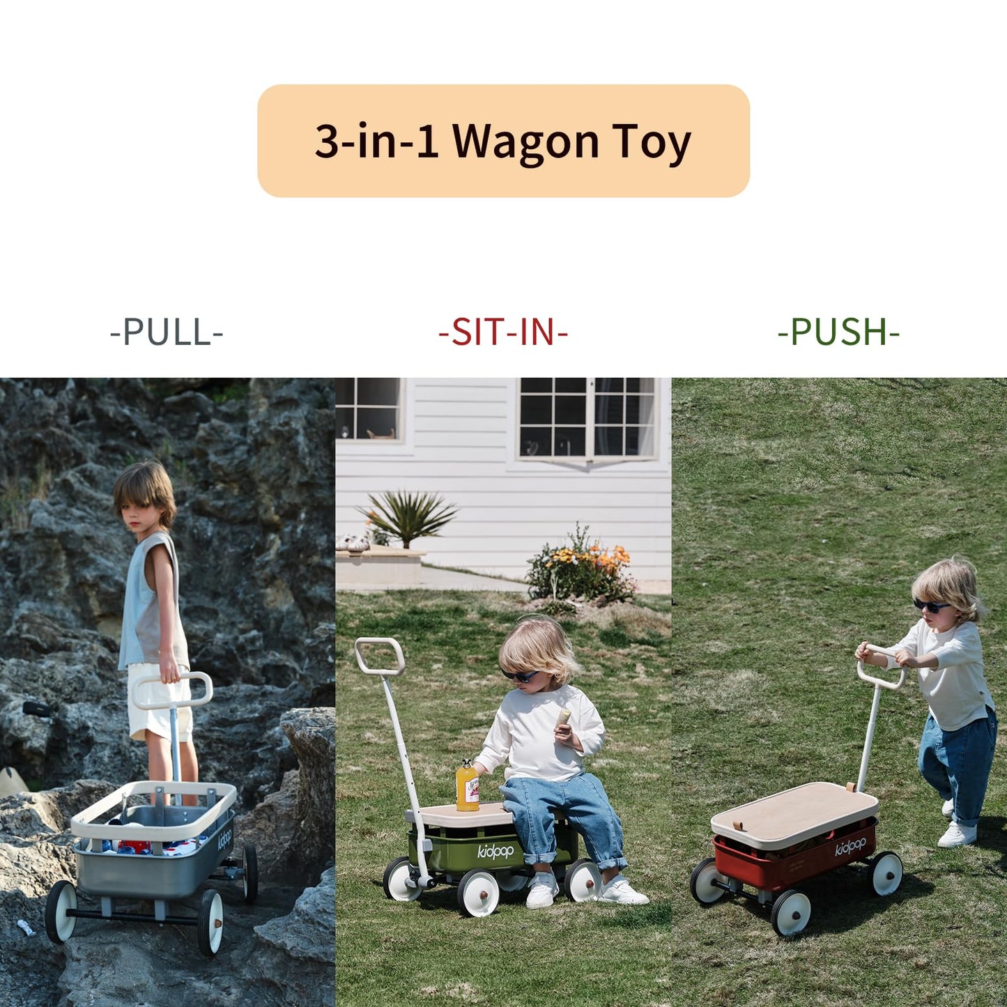 kidpop 3-in-1 Kids' Pull-Along Wagon, Adjustable Handlebar, Removable Wooden Cover, Max Weight 33 lbs, Grey, Model KPD4005A
