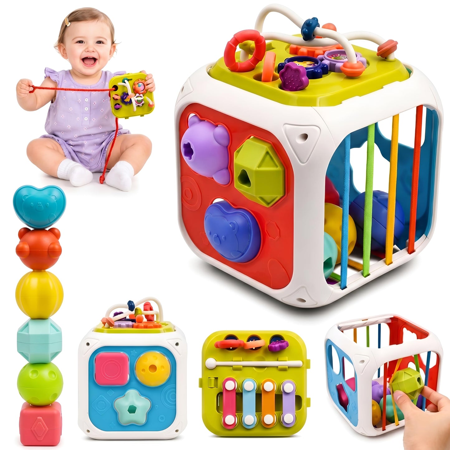 Kidsmate Montessori 7In1 Activity Cube For Babies 1218 Months | Sensory Busy Cube Toy For Toddlers | Shape Sorter Learning To