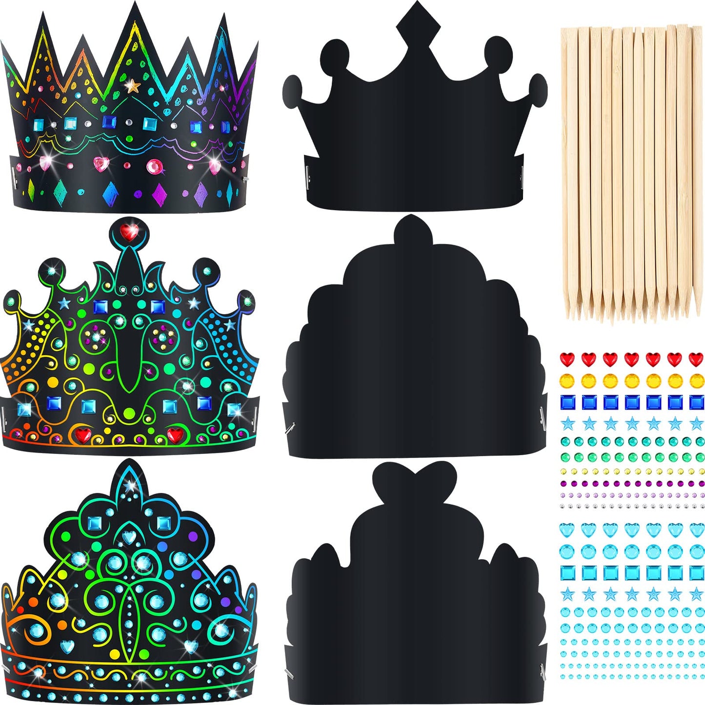 110 Pcs Paper Crafts Crowns Bulk Set Scratch DIY Paper Crowns with Rainbow Crown Headband Hats Wooden Styluses Craft Elastic Ban