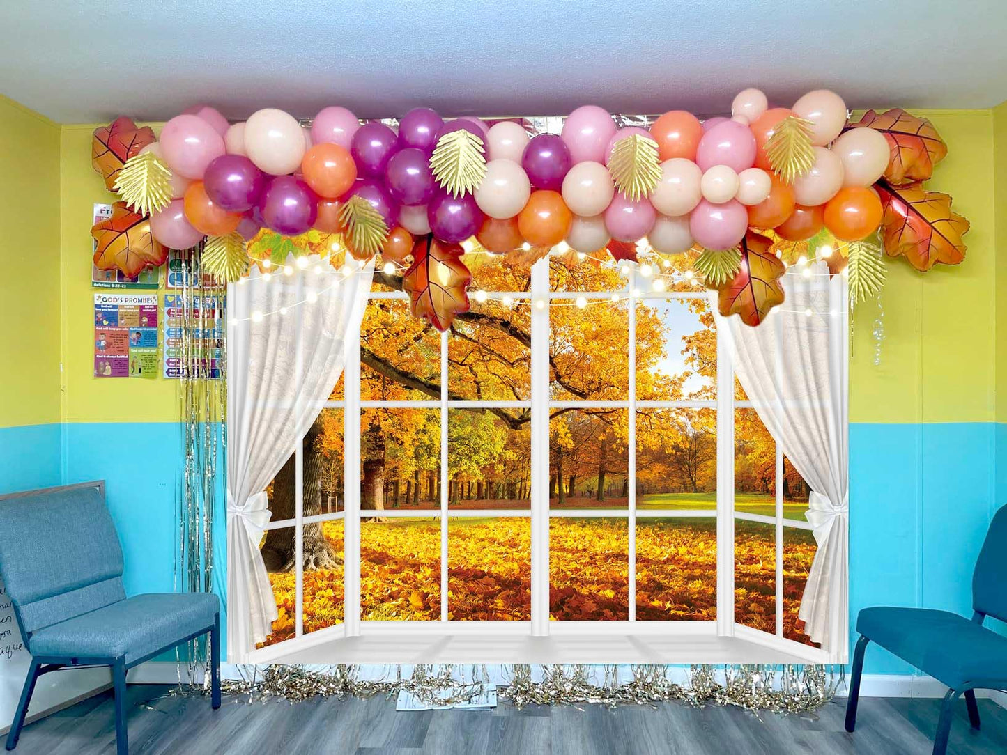 Autumn Window Photography Backdrop 8x6FT White Curtains Fall Forest Scene Background Autumn Thanksgiving Party Decorations Suppl