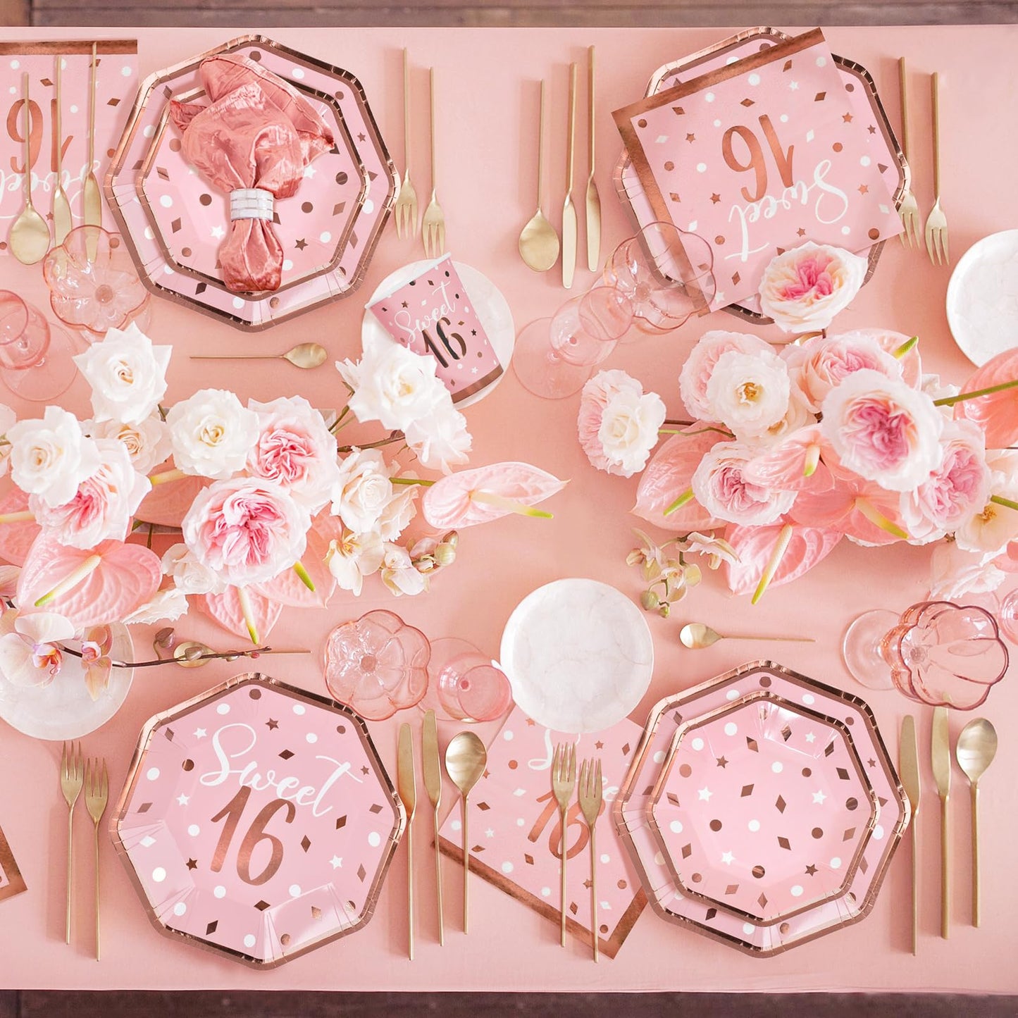 Rose Gold & Pink Sweet 16 Birthday Bundle: Party Supplies Set With Paper Plates, Napkins, Cups, Tablecloth & Banner - Sweet Sixt