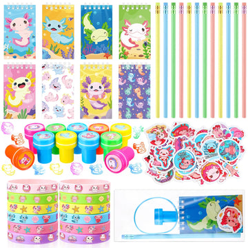 Giegxin 110 Pcs Axolotl Party Favors Axolotl Birthday Party Supplies Cute Animal Mini Notebooks Pens Stamps Bracelets Stickers O