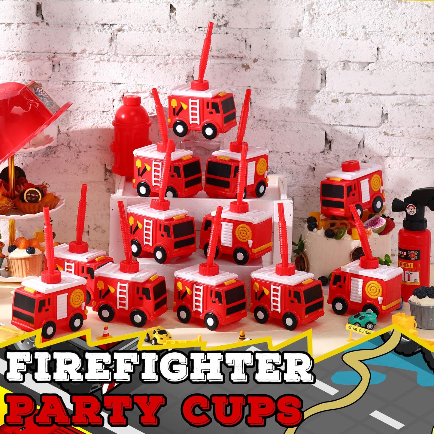 12 Sets Firefighter Party Favor Gift Supplies Fire Truck Cups with Straws, Plastic Fire Truck Shape Cup Reusable Firefighter Par