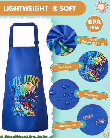 Lictin 2 Pack Kids Apron For Boys T-Rax Car Aprons For Cooking, Waterproof Art Apron With Pockets For Kids Painting Cooking Baking (4-12 Years), Dinosaur+Car