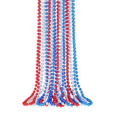 Shaoqinlin Patriotic Bead Necklaces - 12 Pcs 4Th Of July Accessories, 33 Inch Metallic Red/Silver/Blue Beaded Necklaces For Patr