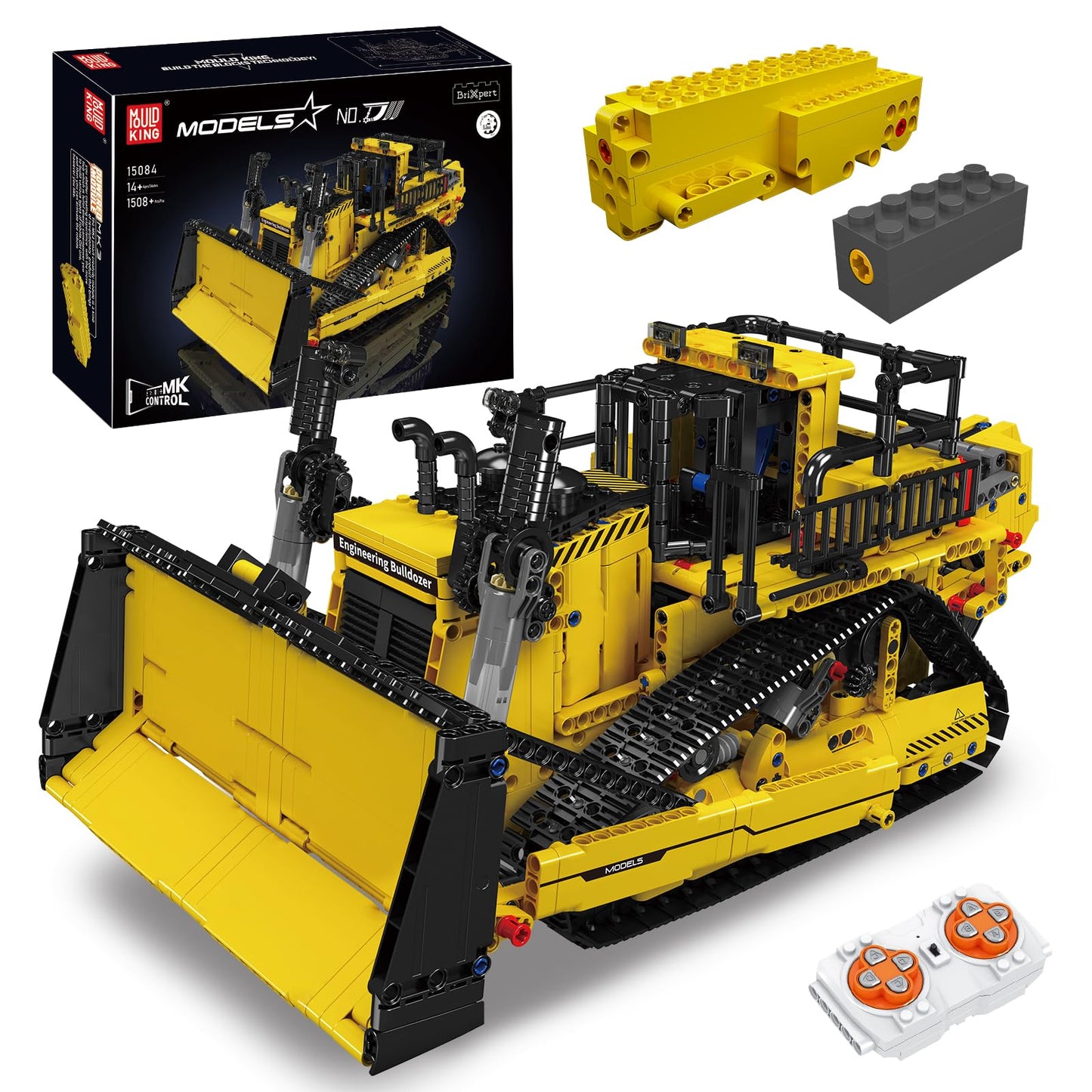 Mould King RC Bulldozer Building Set, 1508 Pieces, APP Control, Yellow, Model WX15084-LZUSNEW, Plastic Construction Vehicle for Adults