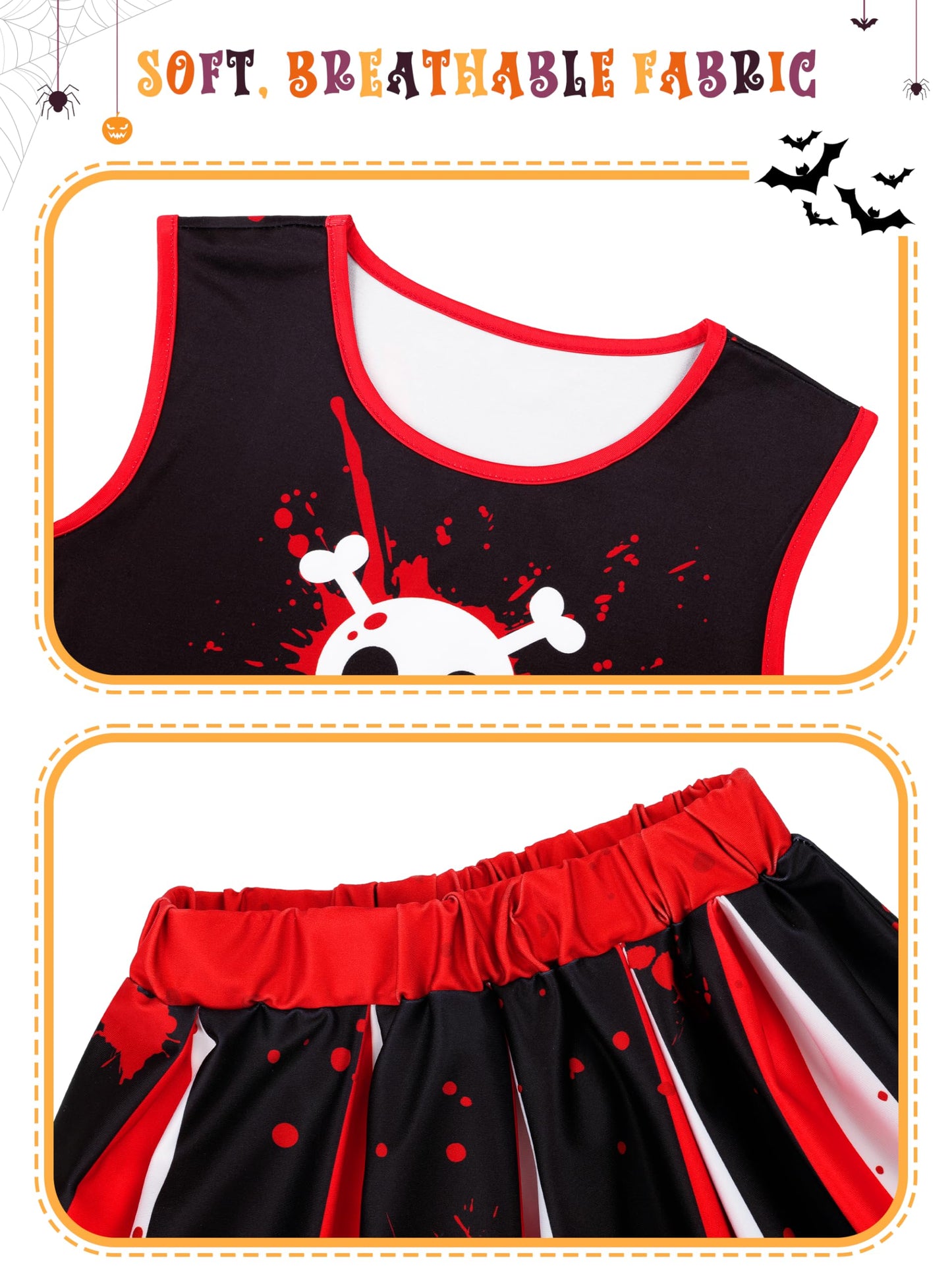 RUODON 9 Pieces Girls Halloween Cheerleader Costume Zombie Fearleader Costume Set Includes Top Skirt Socks Pompom Sticker Bow Black and Red