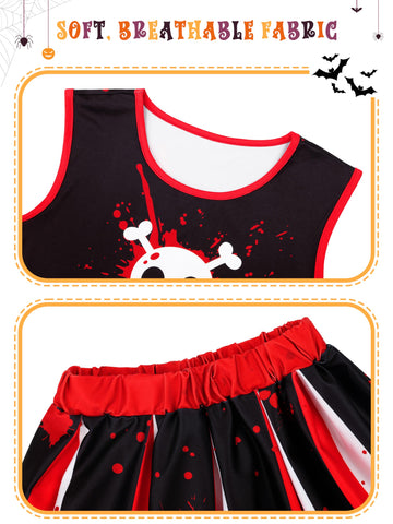 RUODON 9 Pieces Girls Halloween Cheerleader Costume Zombie Fearleader Costume Set Includes Top Skirt Socks Pompom Sticker Bow Black and Red