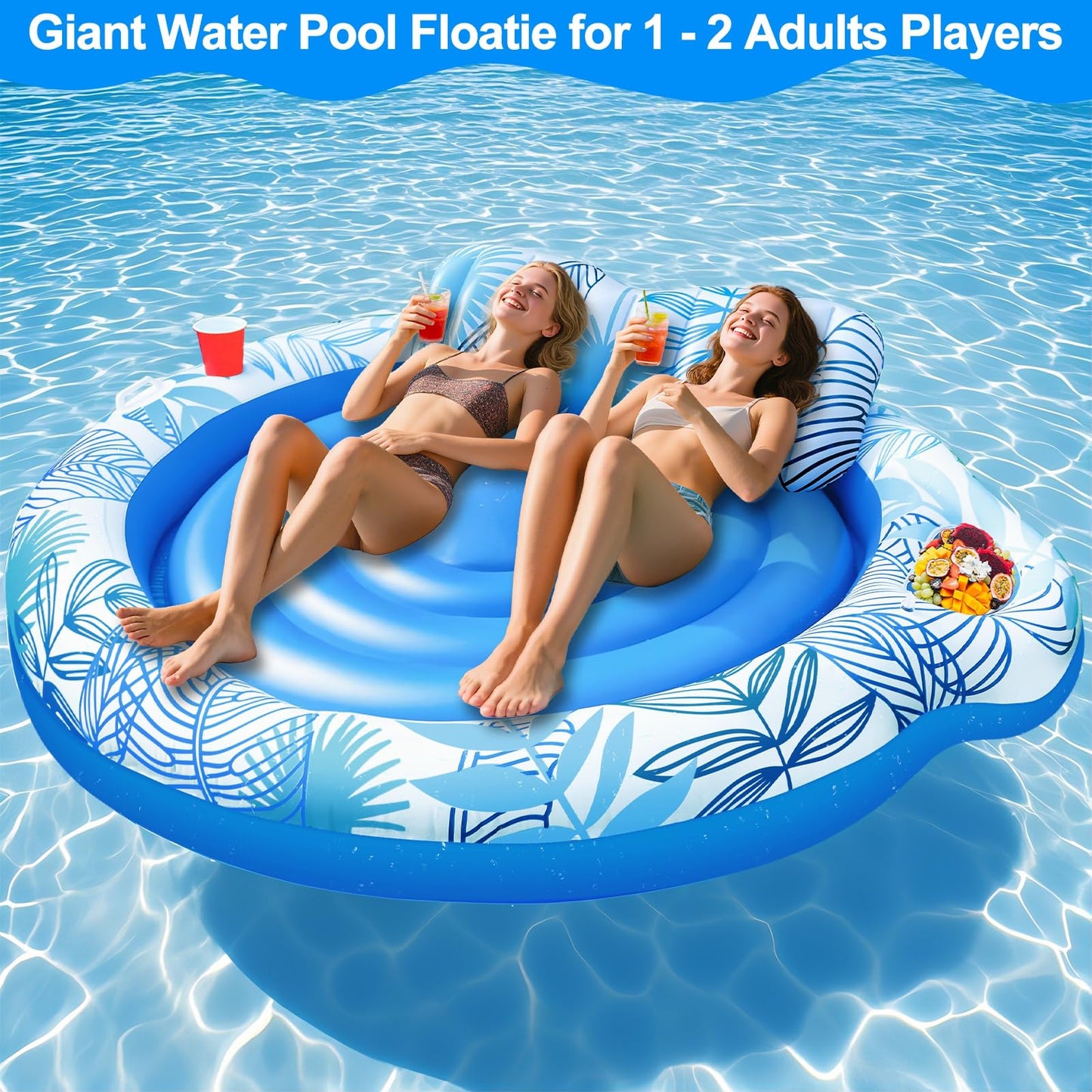 TURNMEON Inflatable Tanning Pool Lounger Float, 72" x 47", Plastic, Blue/Pink, with Backrest & Drink Holder for Adults