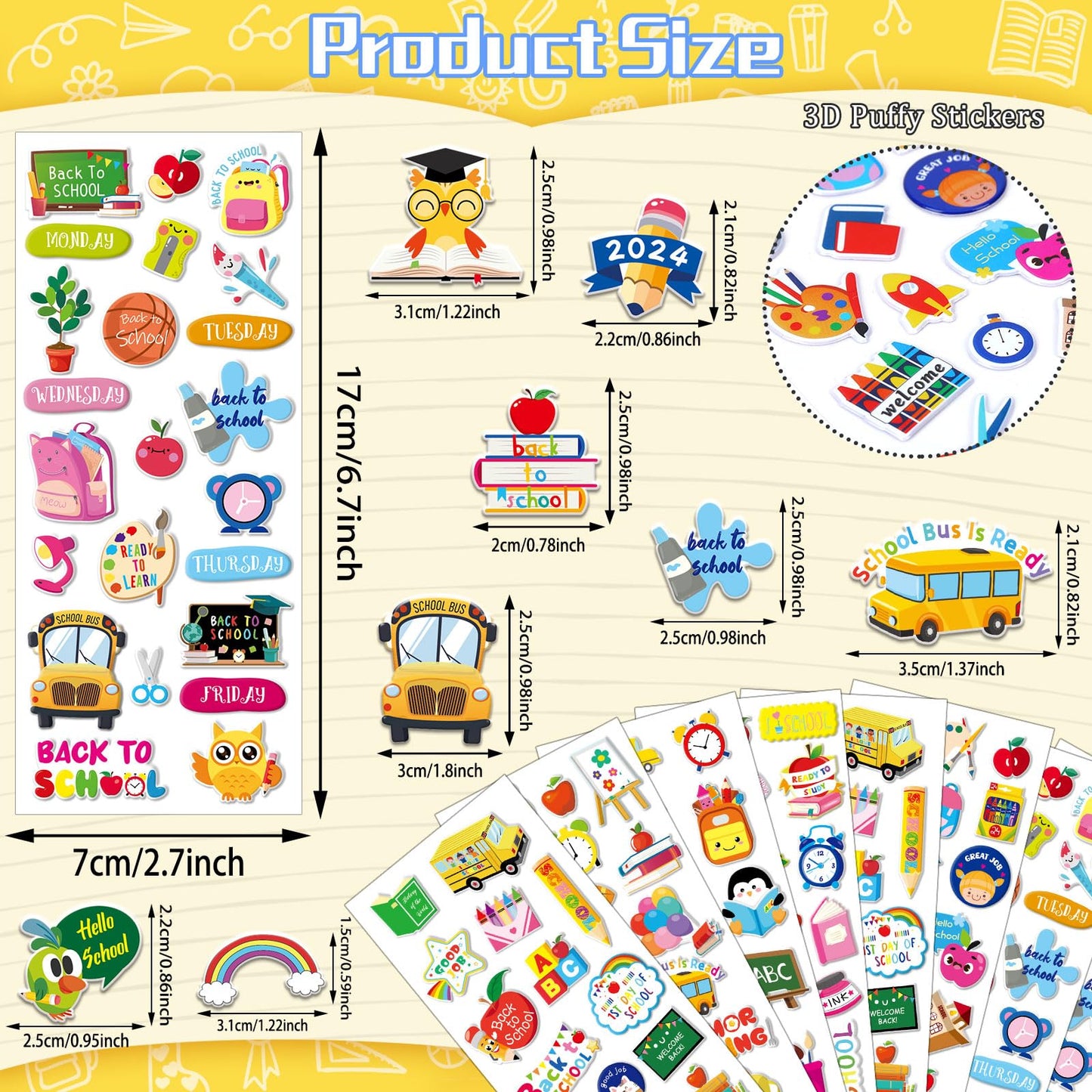 UPINS 12 Sheets Back to School 3D Cute Puffy Stickers - First Day of School Teacher Foam Stickers - Welcome Back Gifts for Stude
