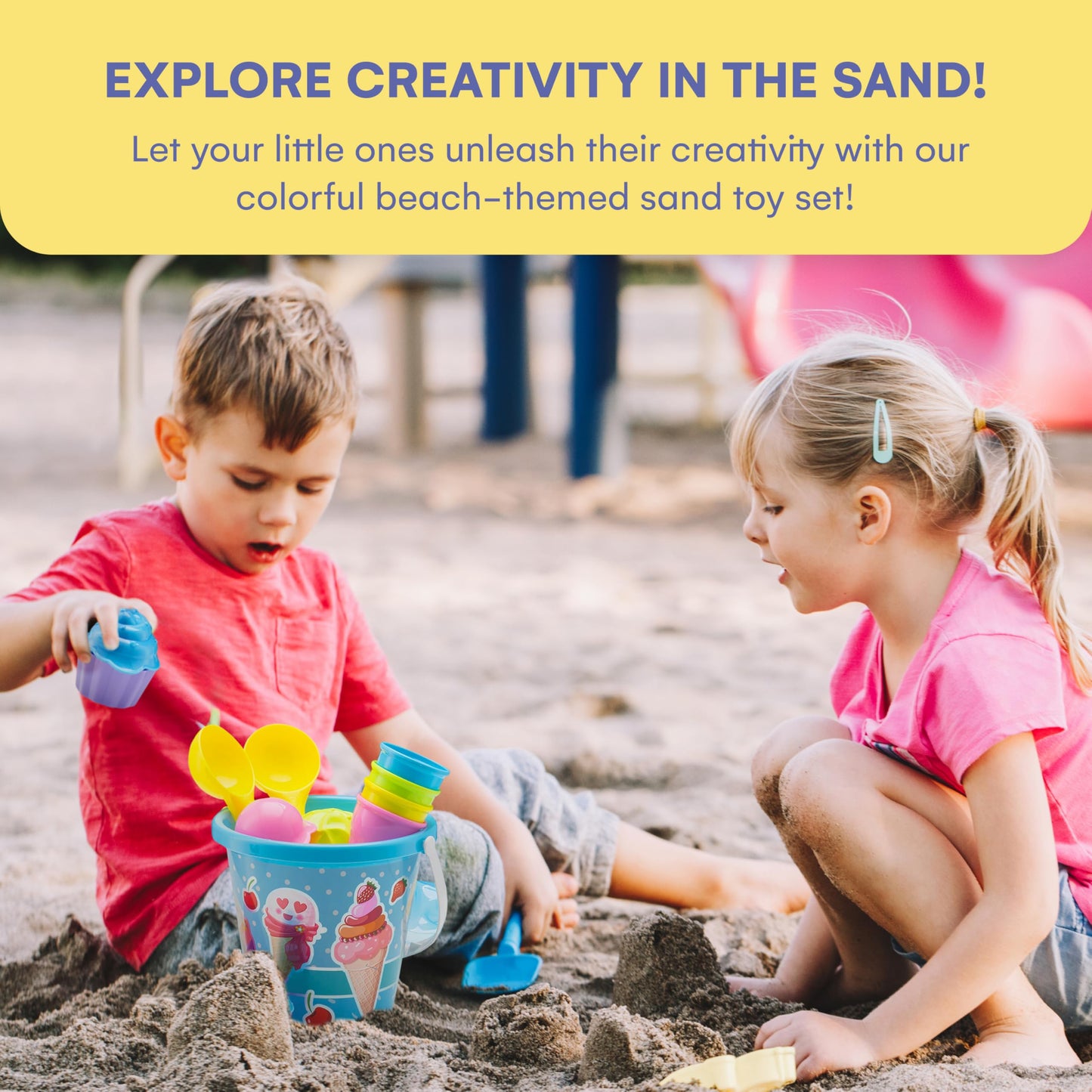 Top Race Kids Beach Toys Set with Bucket Pail and Spade Scoop - 16pcs Ice Cream Blue Sand Playset for Kids & Toddlers Ages 1.5,2