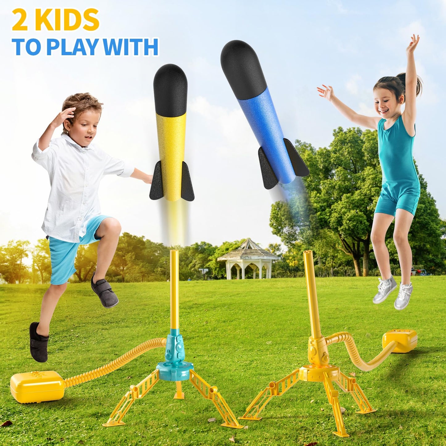 Temi 2 Pack Rocket Launcher For Kids, 12 Foam Rockets And 2 Launcher Pad, Launch Up To 100+Ft, Kids Outdoor Toys, Birthday Gift