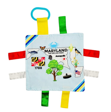 Baby Jack & Co 8X8” Learning Lovey Tag Toys For Babies - Baby Crinkle Toys - Crinkle Toys For Baby - Soft & Safe - Learn Usa State Facts - Ideal Baby Toy Bpa Free W/Stroller Clip (Maryland)