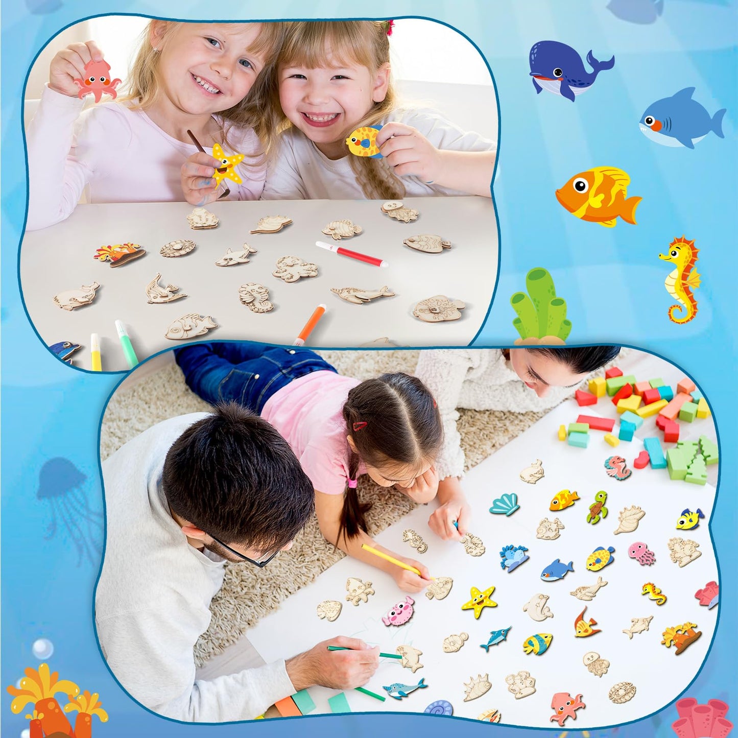 gisgfim 36Pcs Wooden Magnet Painting Craft Kit DIY Wooden Ocean Animal Magnets Coloring Arts Crafts for Kids Ages 4-8 8-12 for B