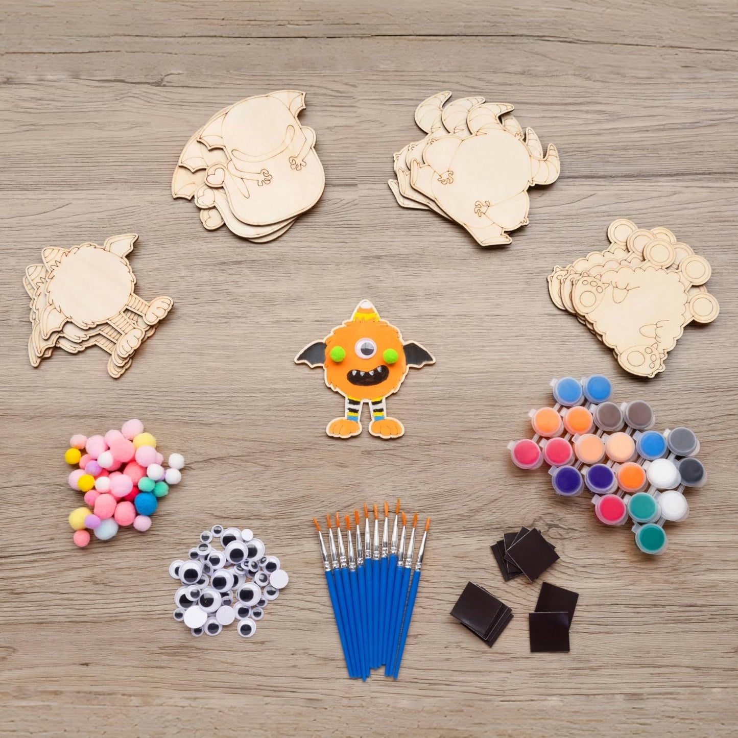 VENUSFIT Halloween Party Favors - 12 PCS Monster Wooden Painting Kit with Googly Eyes - Halloween Party Favors Non Candy Trick o