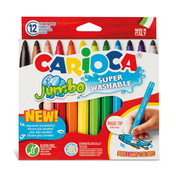CARIOCA Jumbo Washable Markers for Kids - 12 Assorted Colors, 6 mm Maxi Felt Tip Pens with Wide Barrel, Non-Toxic, Easy to Hold,