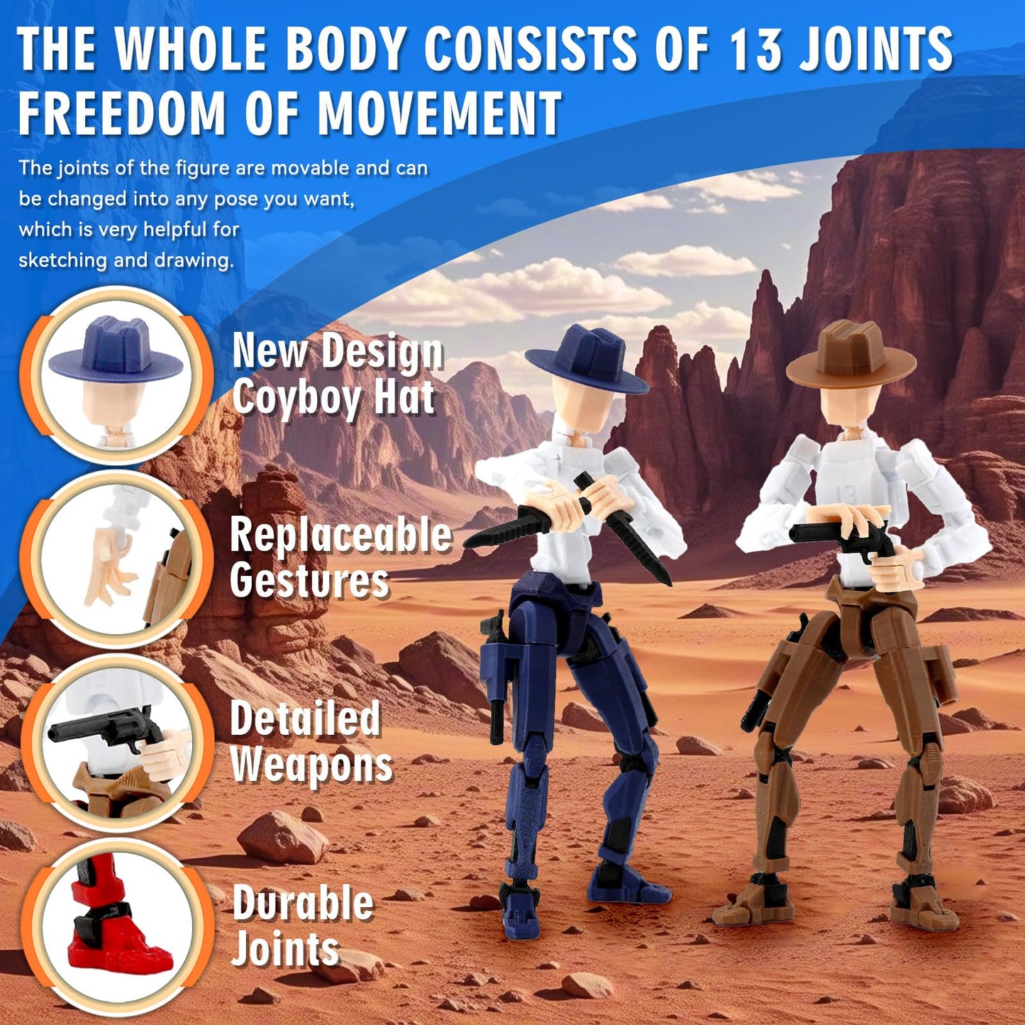 Deeplus Titan 13 Action Figure, Cowboy Already Assembled T13 Action Figures for Boys, 2-Pack Cowboy Dummy 5.4 inches T Lucky 13