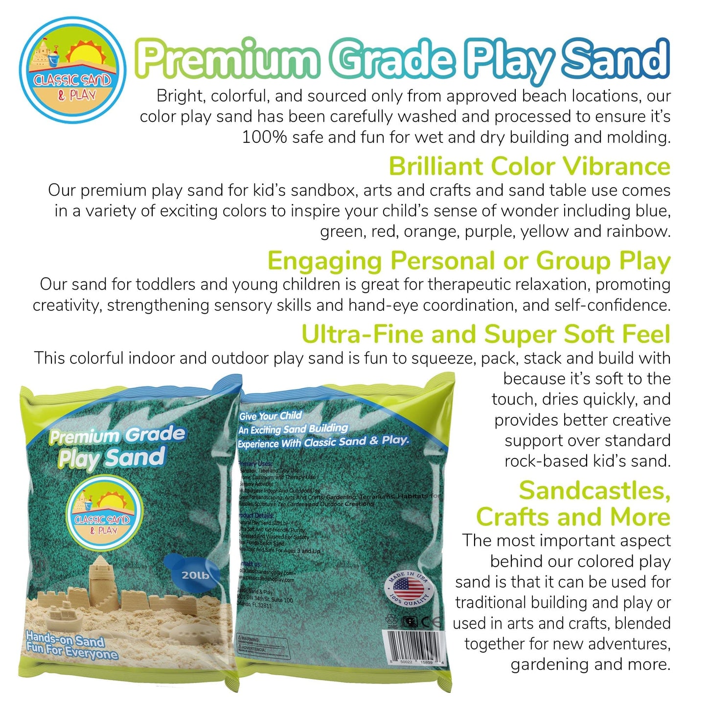 Classic Sand And Play Green Colored Play Sand, 20 Lb. Bag, Natural And Non-Toxic, Fun Wet And Dry Indoor And Outdoor, Sandbox, T