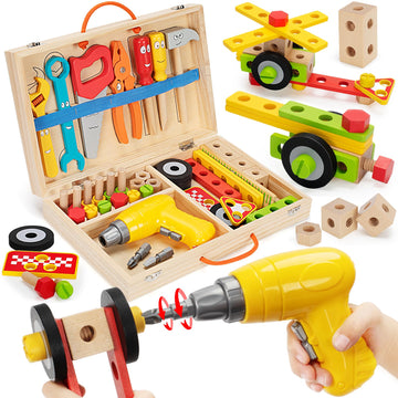 Kids Tool Set Toys for 3, 4, 5, 6, 7 Year Old Boys, Wooden Toddler Tools Set with Electric Drill & Tool Box, Montessori STEM Edu