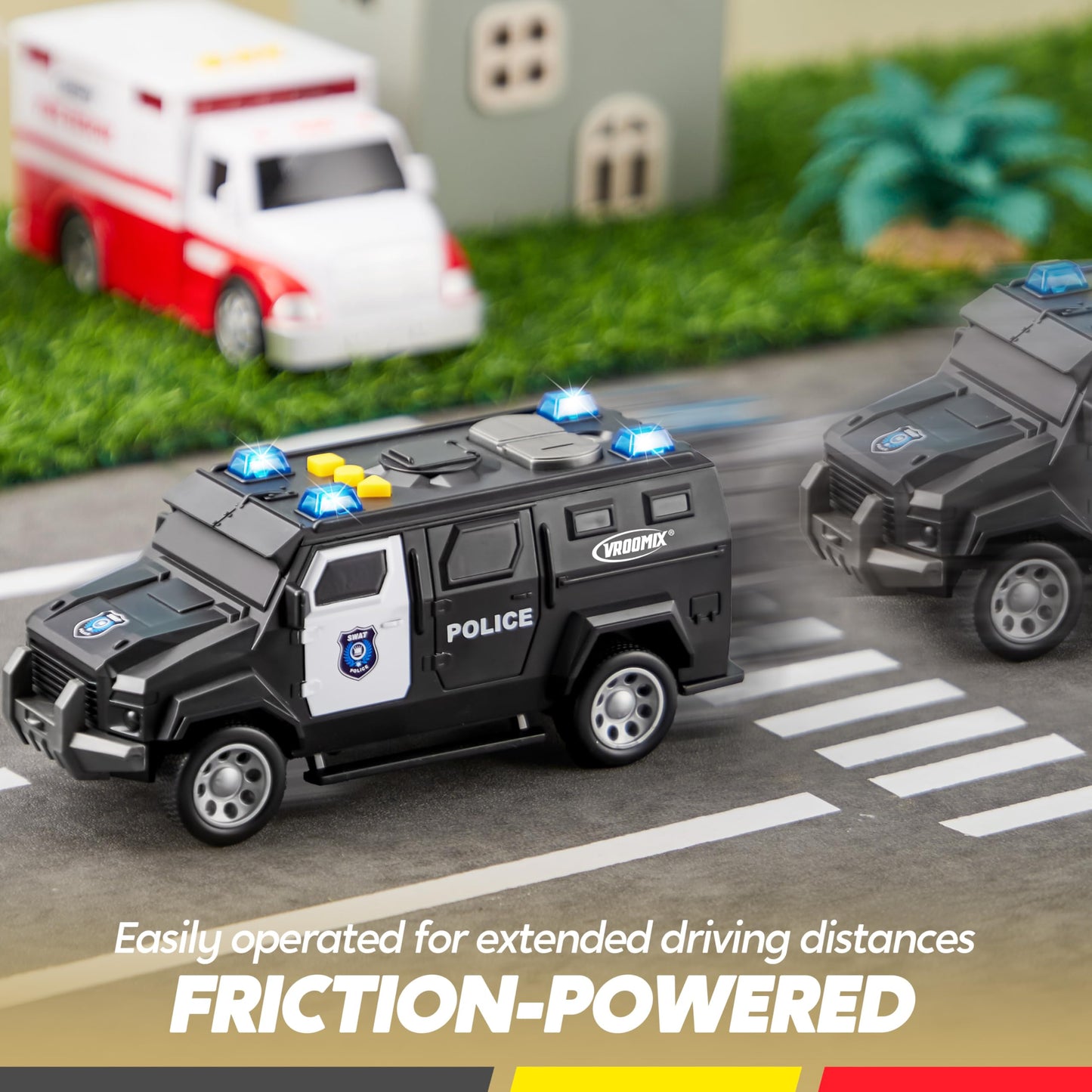 VROOMIX 3-Pack Emergency Vehicle Toy Set - Friction Powered Police Car, Ambulance & School Bus with Lights & Sounds for Kids