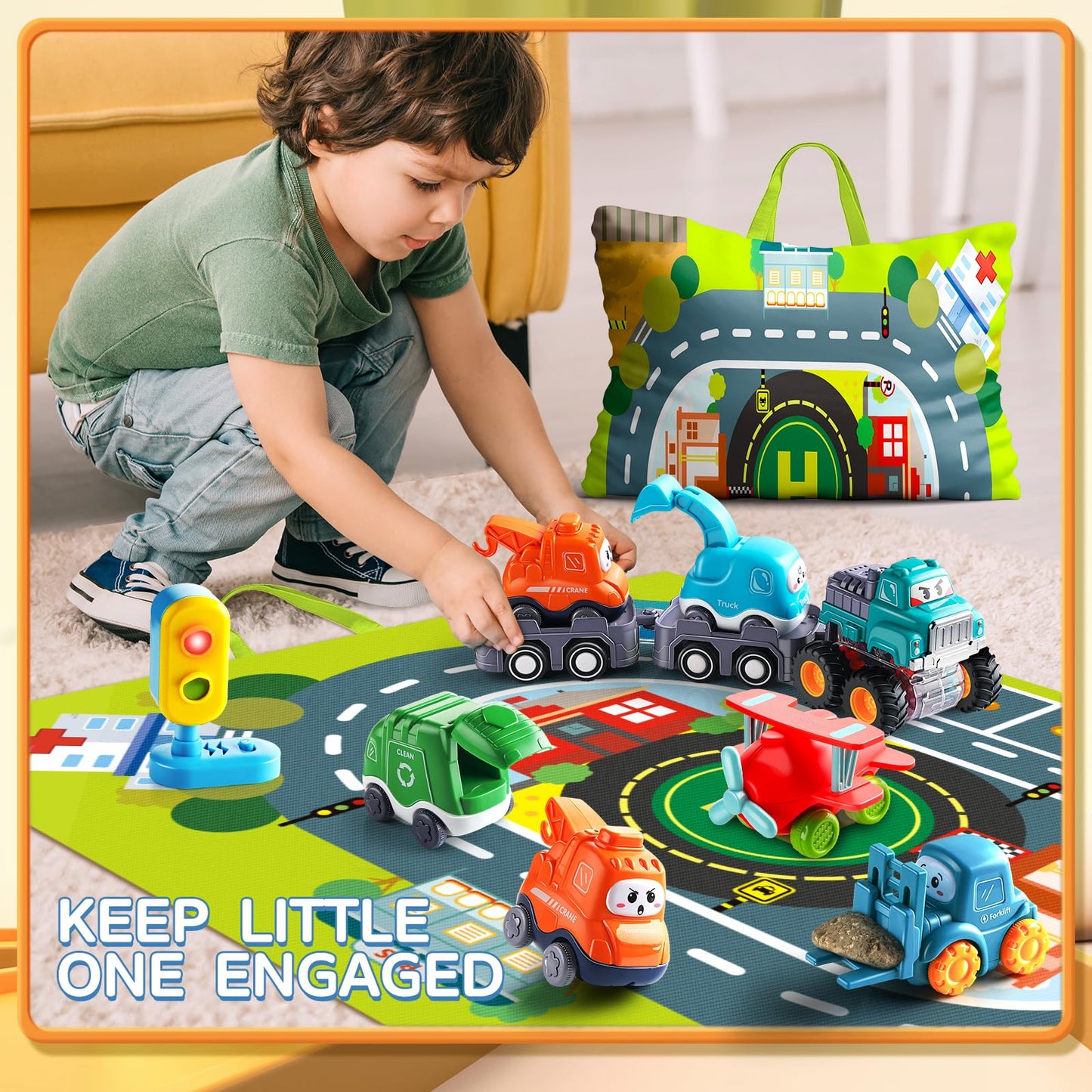 Construction Vehicle Car Toys for 1 Year Old Boy with Playmat/Storage Bag|Baby Toys 12-18 Months with Trailor|Toddler Toys Age 1