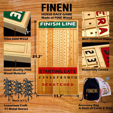 Fineni Horse Racing Game For Adults, Horse Race Board Game With 11 Luxurious Metal Horses (Black), 22” Pine Wood Horse Race Game Board, Dice & Card Included (Log Color1)