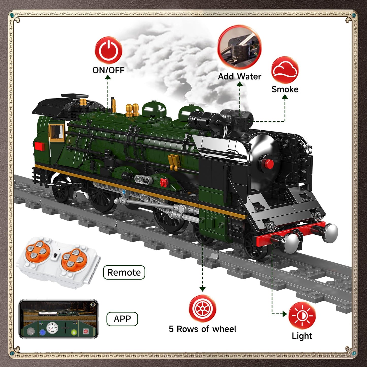 Mould King 12025 Orient Express Steam Locomotive Train Building Block Sets, Remote/App Control Train Toy Set With Led Lighting,
