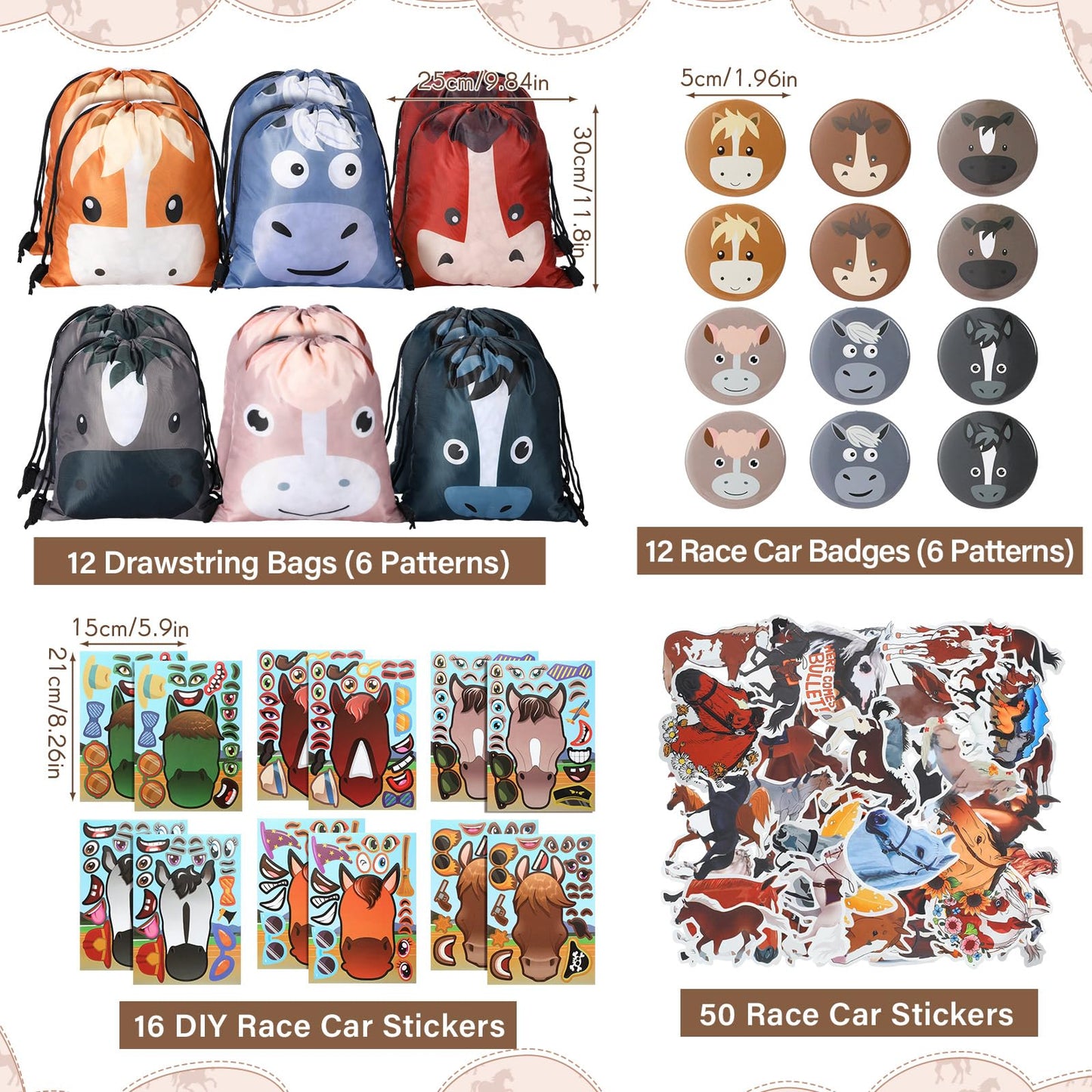 Liliful 152 Pcs Horse Themed Party Favor Supplies with Drawstring Bag Keychain Rubber Wristbands Badges Puzzle Stickers Horse St