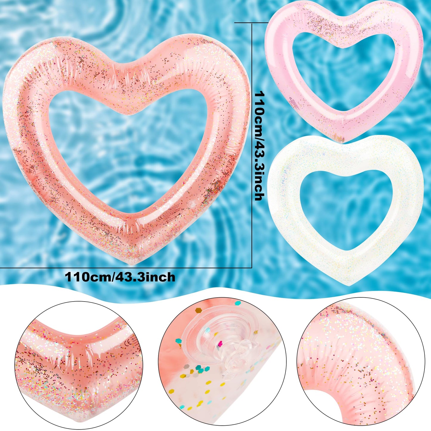 Octaday 6 Pack Inflatable Glitter Heart Pool Float Blow Up Heart Shaped Swimming Tube For Adults Bachelorette Party Summer Beach