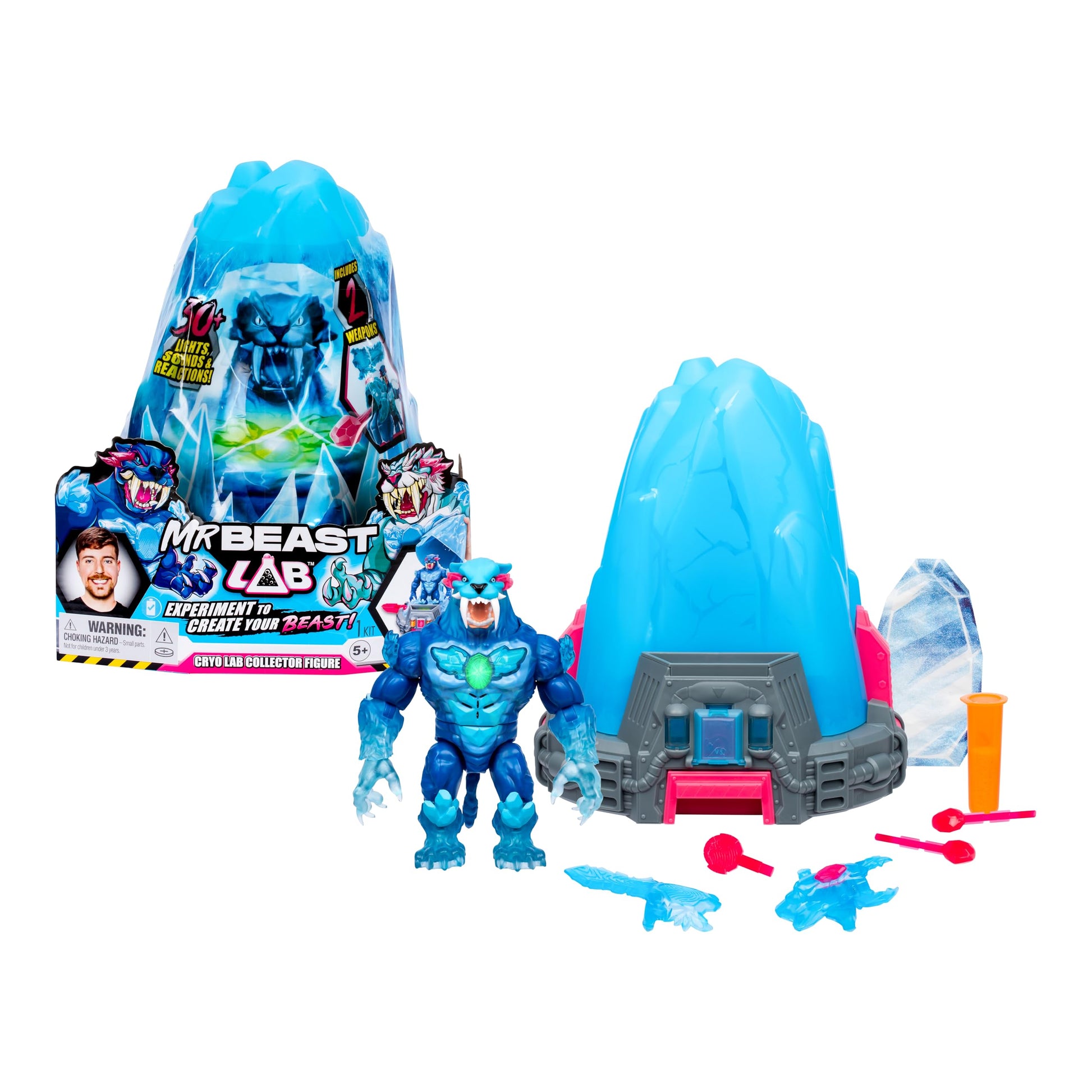 MrBeast Lab Melt The Ice to Release A Beast with The Cryo Lab Collector Figure  7inch/18cm Figure with 30+ Lights  Sounds and Reactions  Includes 2   2 Big Cat Figures to Collect