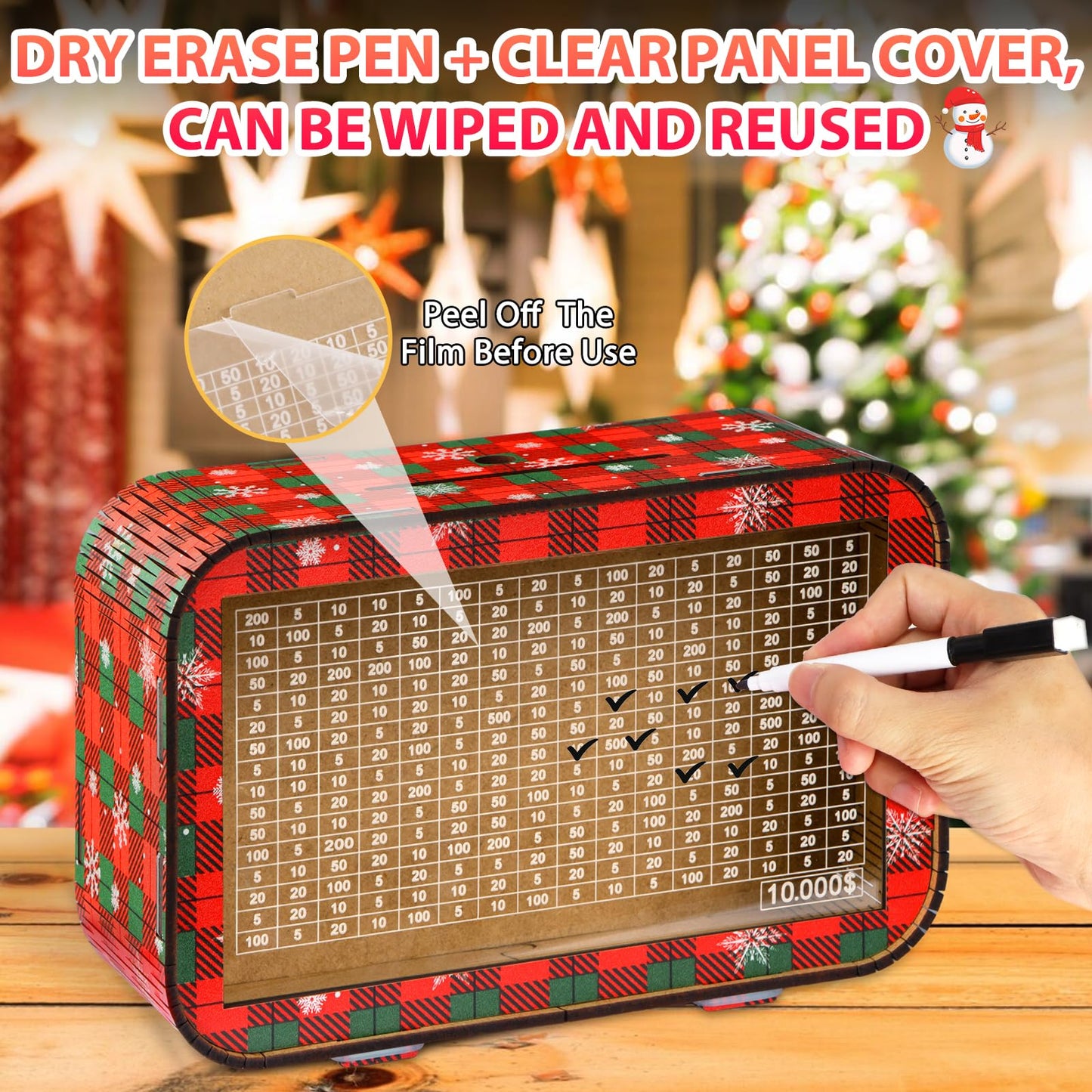 Christmas 4-In-1 Wooden Money Saving Challenge Box - Fully Assembled Piggy Bank ($1000/$3000/$5000/$10000) - Kakeibo Money Box W