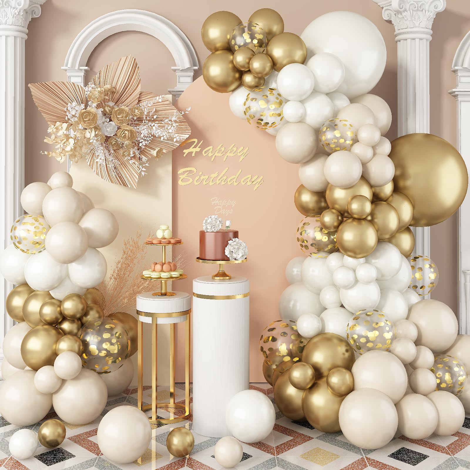 White Sand Gold Balloons Garland Arch Kit, 102 Packs White Nude Cream Balloons With Metallic Chrome Gold Confetti Latex Balloons