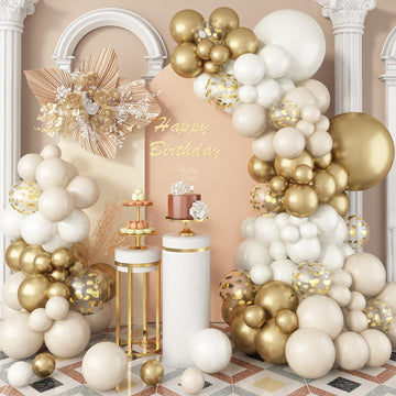 White Sand Gold Balloons Garland Arch Kit, 102 Packs White Nude Cream Balloons With Metallic Chrome Gold Confetti Latex Balloons