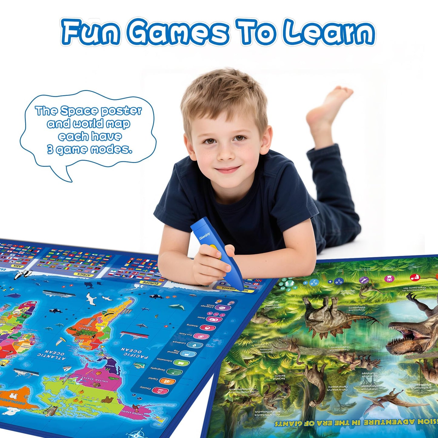 Bilingual Interactive Kids Talking World Map & Dinosaur Poster for Kids Learning and Educational Toys, Talking Educational Toys