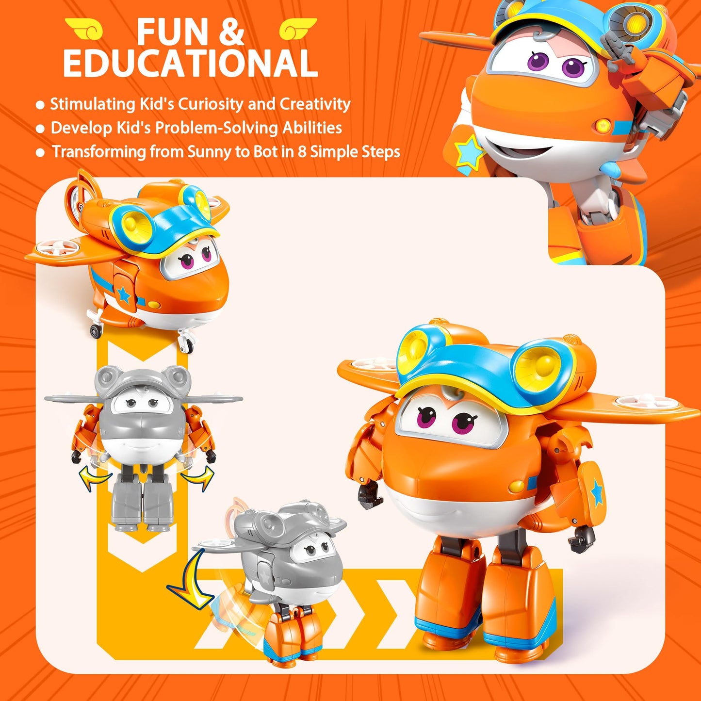 Super Wings 5' Transforming Sunny, Airplane Toys Vehicle Action Figure, Season 5 Plane To Robot In 10 Steps, Birthday Gifts For 3 4 5 Year Old Boys Girls Preschool Kids, Orange