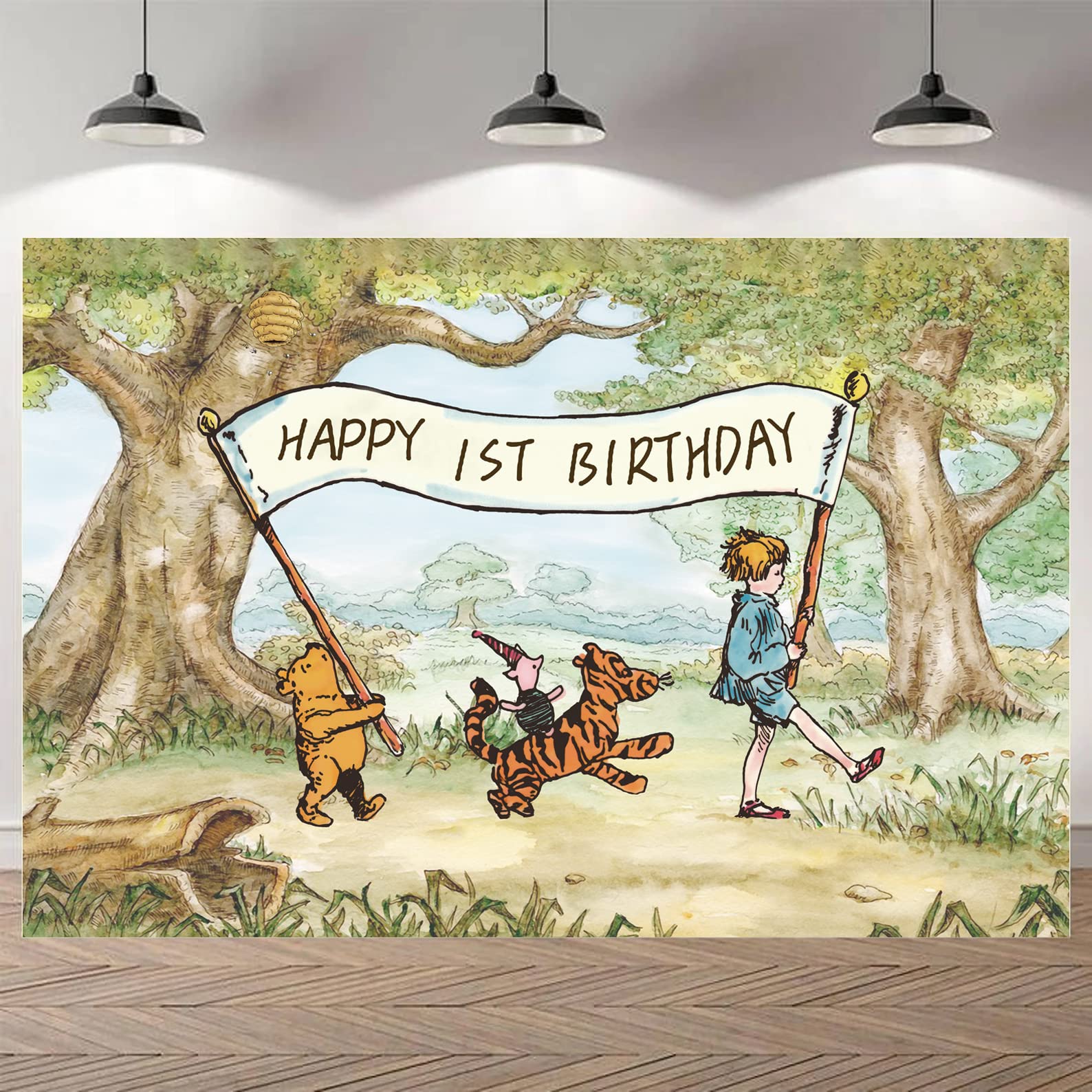 Winnie Backdrop Happy 1 st Birthday Photography Background Pooh Baby Shower Decorations 57 x 37 Inch Banner for Kids First Birth