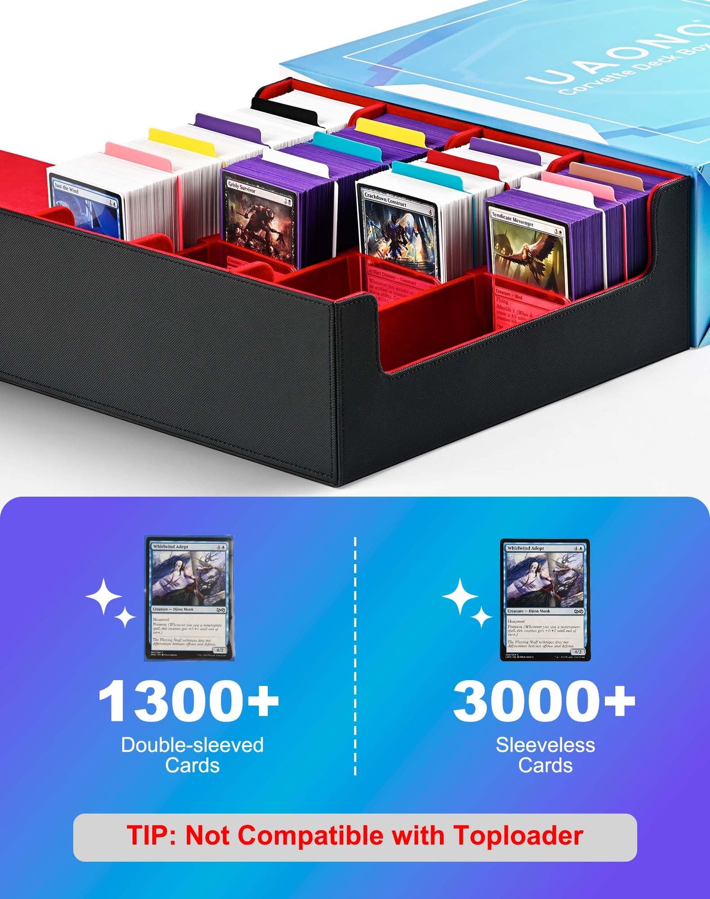 Uaono Card Storage Box For Trading Cards, 2400+ Mtg Commander Deck Box With 24Pcs Colorful Divider, Card Case Fits For Magic Tcg Ptcg Game Cards (Black&Red)
