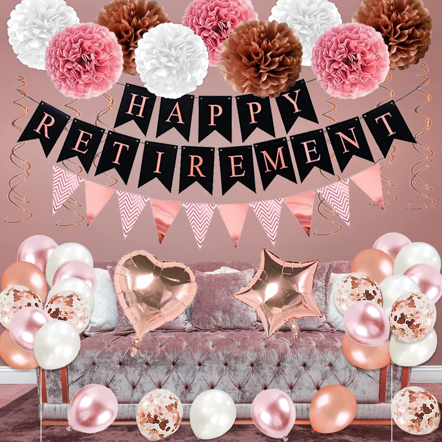Rose Gold Retirement Party Decorations, 63 Pcs Retirement Party Decorations For Women Happy Retirement Banner Hanging Swirls Foi