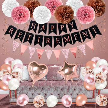 Rose Gold Retirement Party Decorations, 63 Pcs Retirement Party Decorations For Women Happy Retirement Banner Hanging Swirls Foi