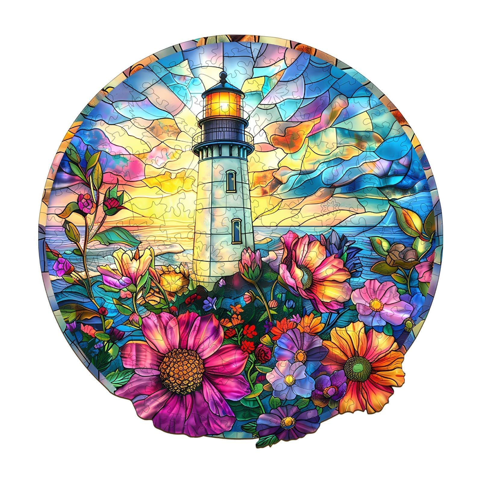 Wooden Puzzles for mature-themeds  Stained Glass Lighthouse Puzzle  Unique Shaped Wooden Jigsaw Puzzle  Wood Puzzles mature-themed Flower  Perfect for Birthday Gift  Wall Art Room Decor (M-11.4 * 11.2in -200 Pcs)