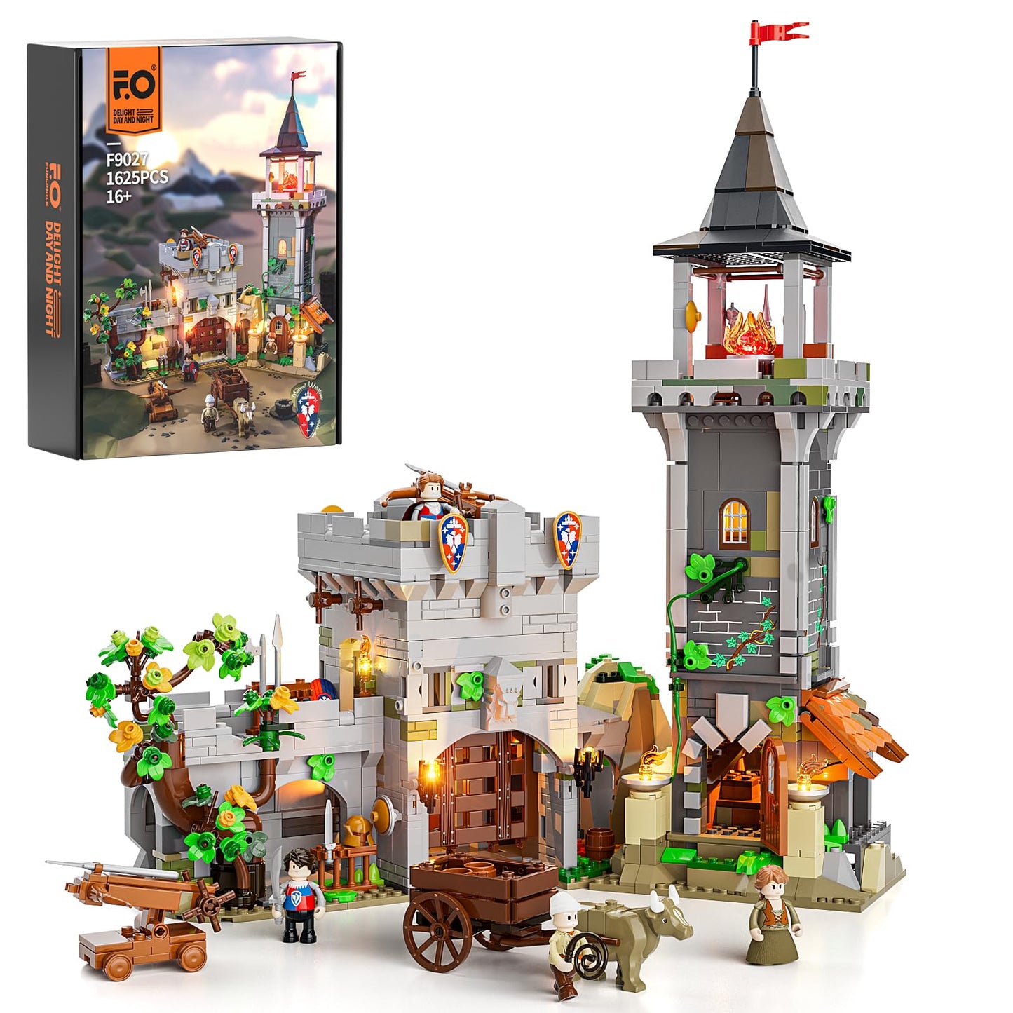 FUNWHOLE Medieval Watchtower Lighting Building-Bricks Set - Guardiance Castle with Soldier Farmer Minifigures Collectible Display Set 1625 Pcs for mature-themeds and Teen