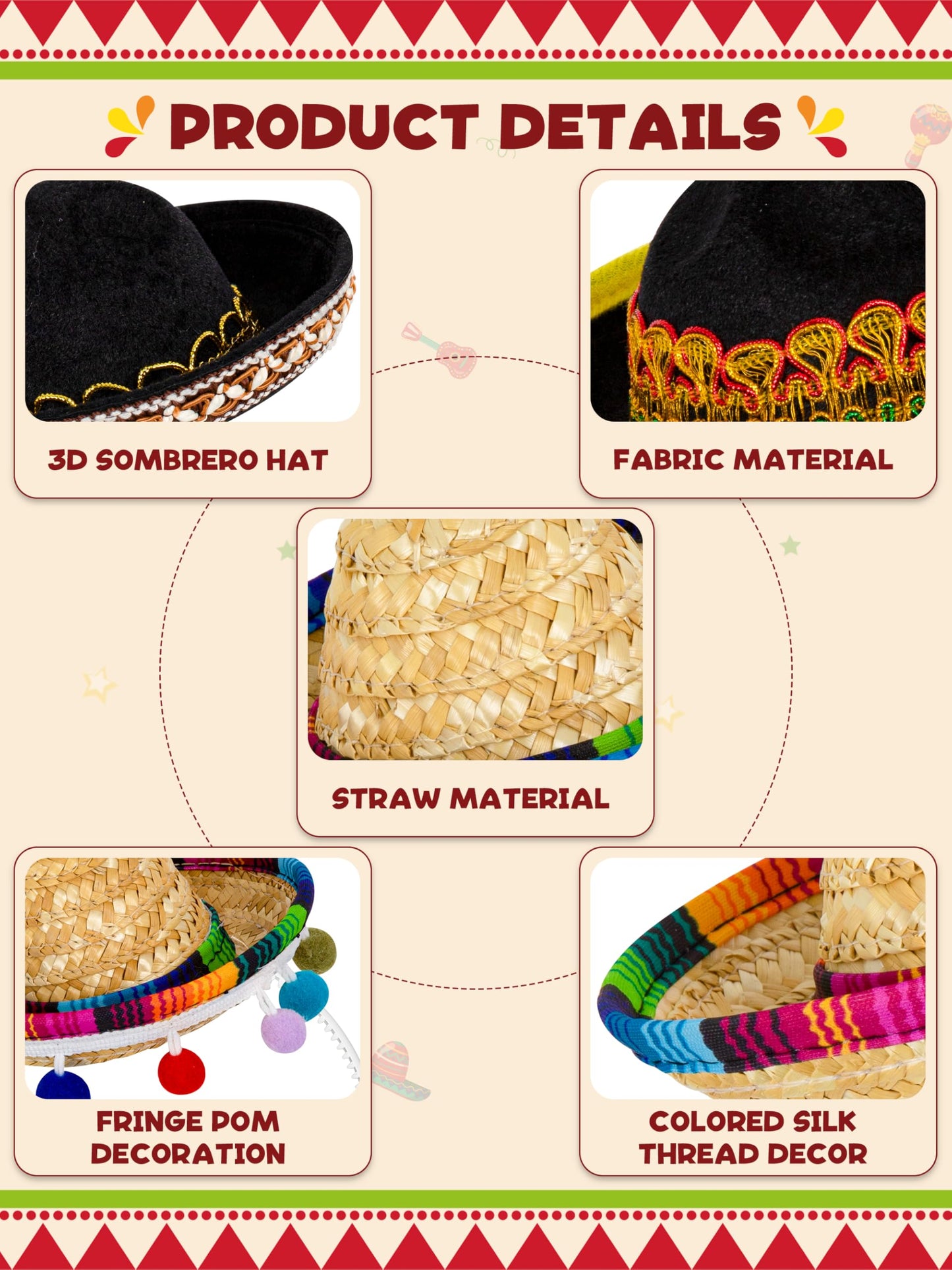 Melisheer 18 Pieces Sombrero Hats, Universal Cinco De Mayo Themed Costume Headwear, Fiesta Headbands with Ball Fringe and Fabric
