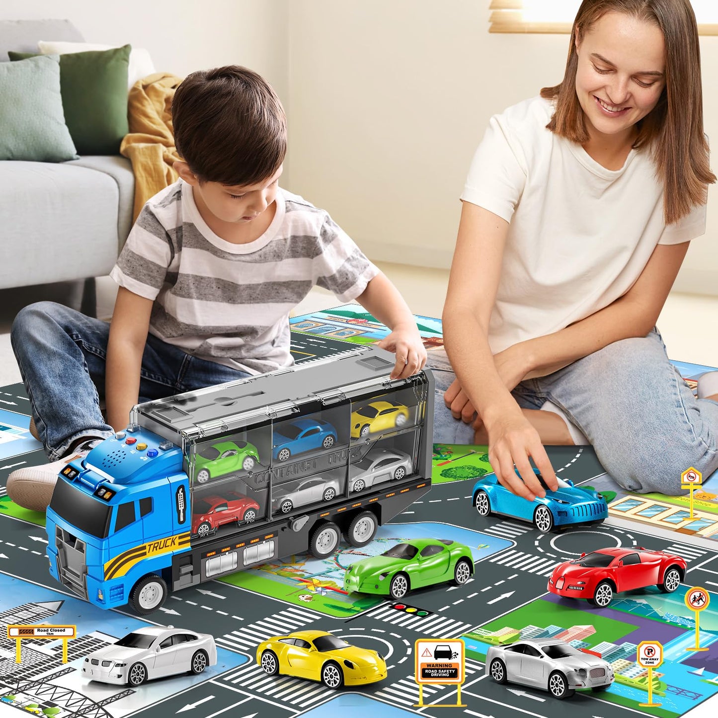 NIPLOOOW Toddler Boys Toys for 3 4 5 6 Years Old, Truck Vehicle Toy Set with Play Mat, Die-Cast Toy Car Carrier Truck for Boys K