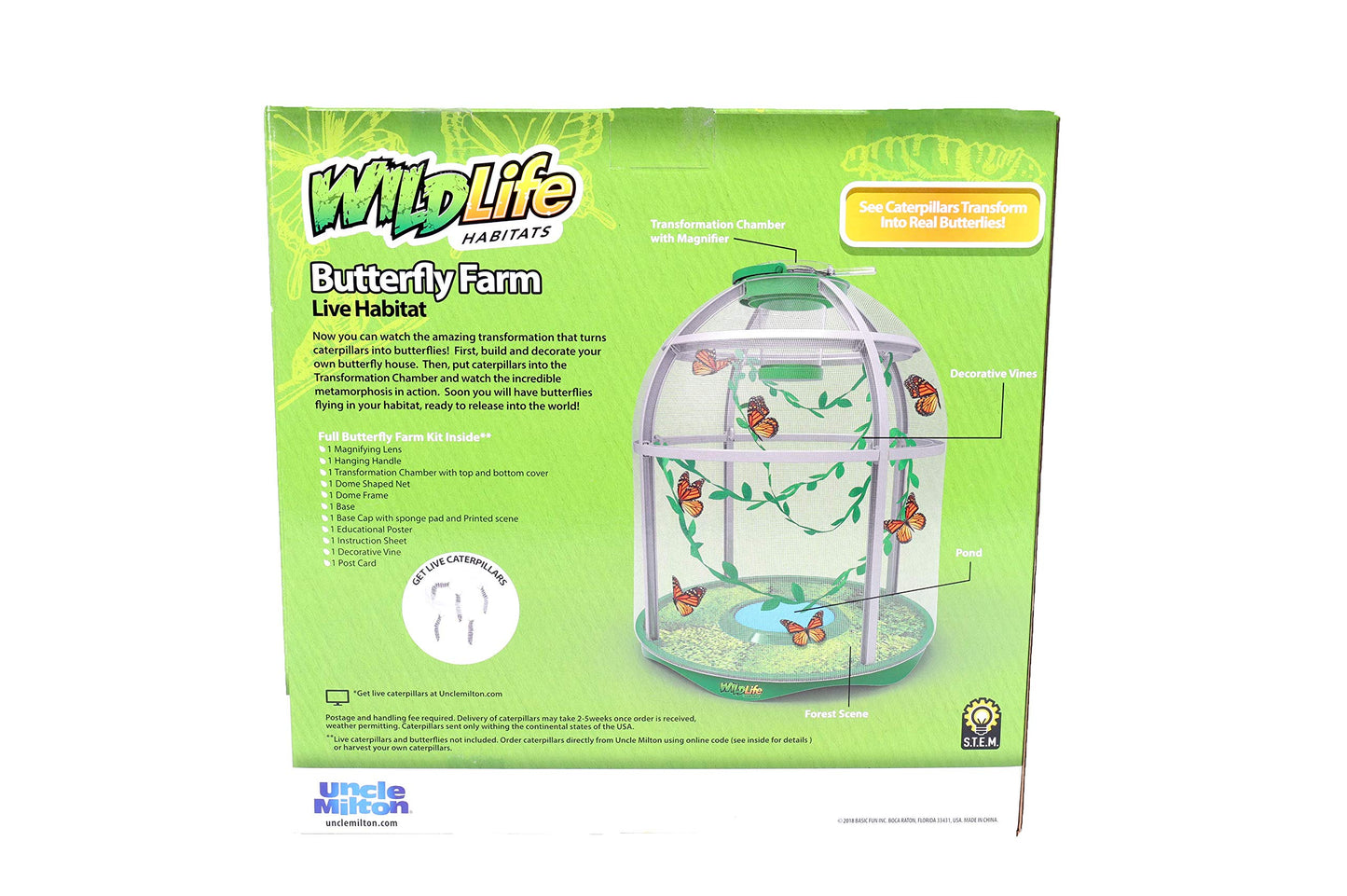 Uncle Milton Butterfly Farm Live Habitat - STEM Toy for Kids 6+ - Green - Observe Caterpillars Transform into Butterflies - Model 00057